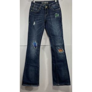 Rock & Roll Cowgirl Blue Boot Cut Jeans with Colorful Patches